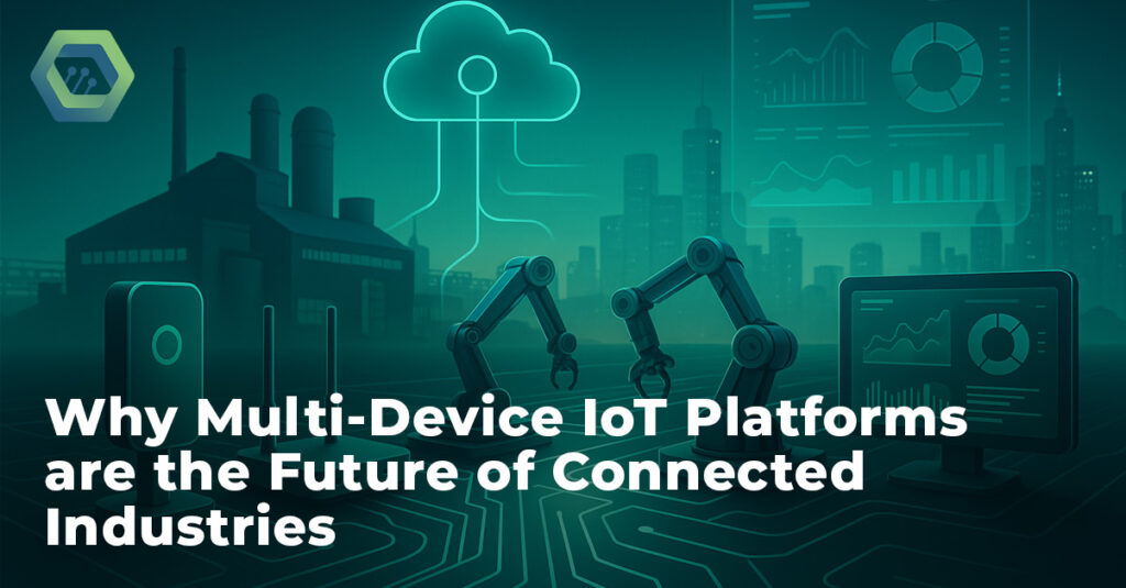 A futuristic connected industrial network showing IoT devices, sensors, and cloud platforms integrated through glowing data streams in OmniWOT brand colors.